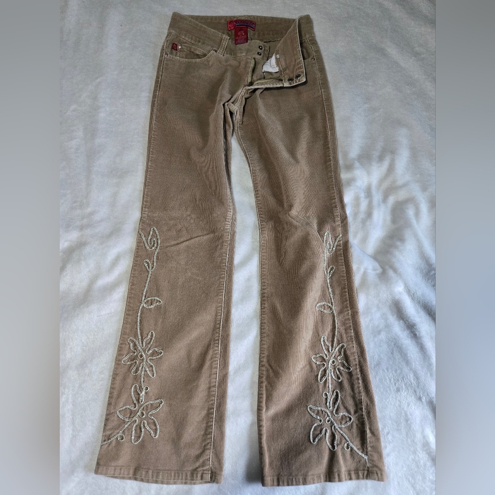Hot Kiss Tan Boot Cut Corduroy Pants with Floral Embroidery